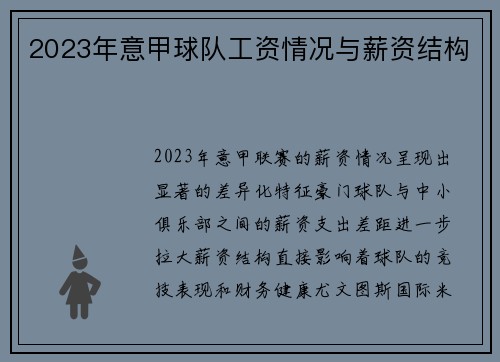 2023年意甲球队工资情况与薪资结构