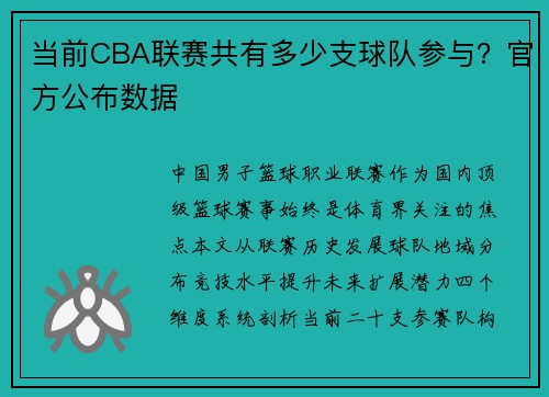 当前CBA联赛共有多少支球队参与？官方公布数据